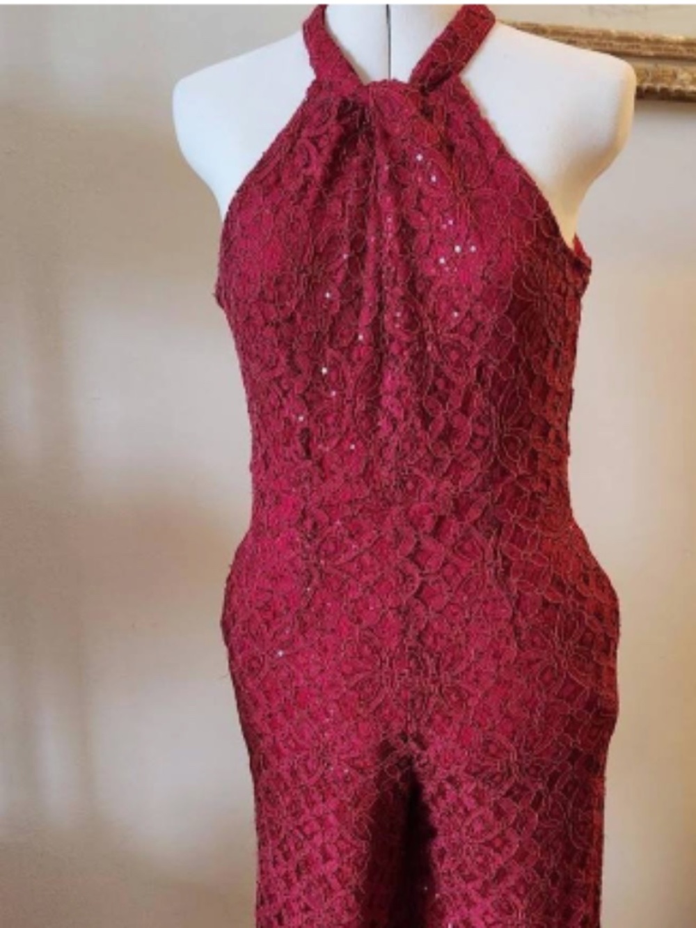 julia jordan Burgundy Lace Wide-Leg Jumpsuit